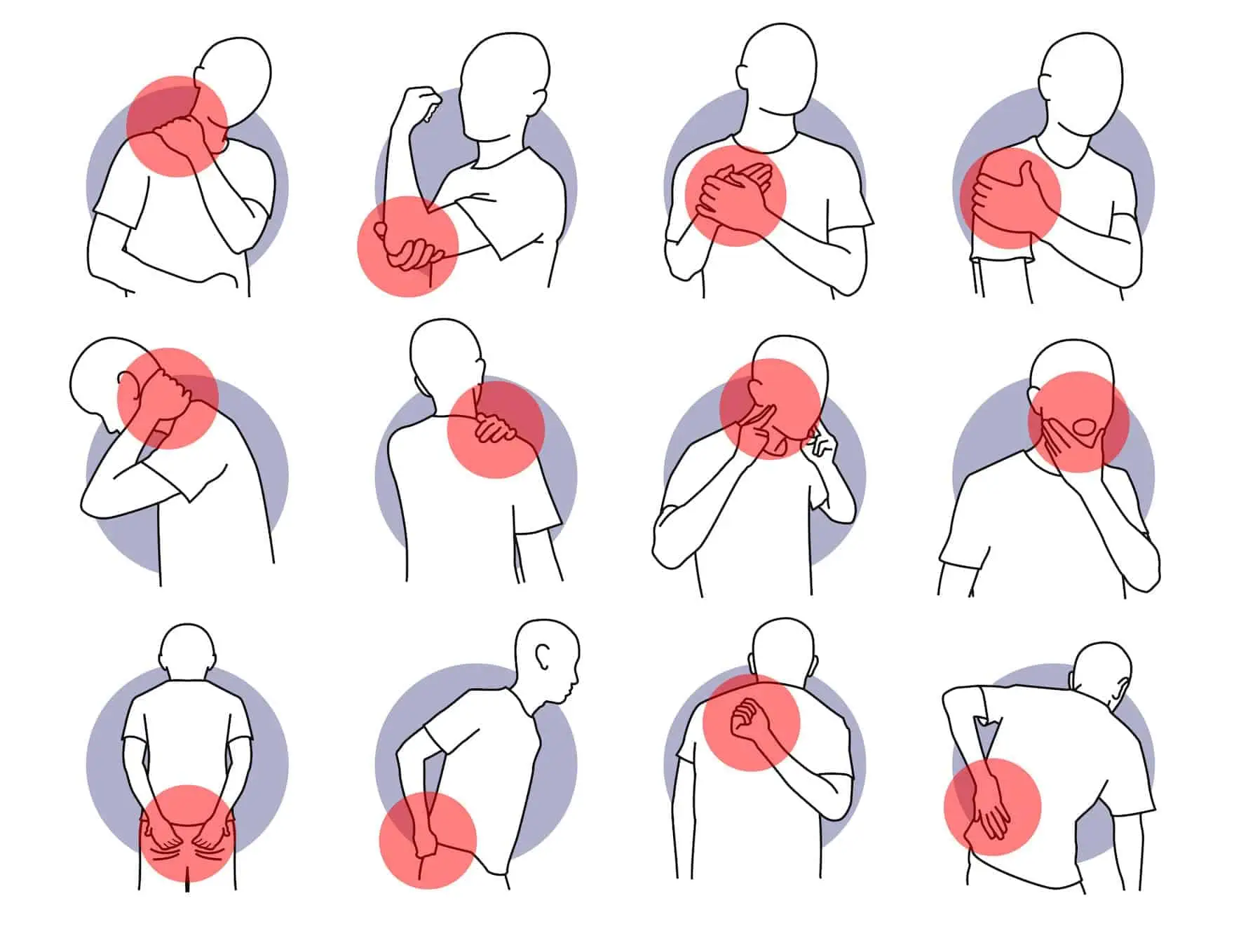 Eine Reihe von Illustrationen, die verschiedene Arten von Schulterschmerzen zeigen, darunter Osteopathie Hamburg und Sportosteopathie.