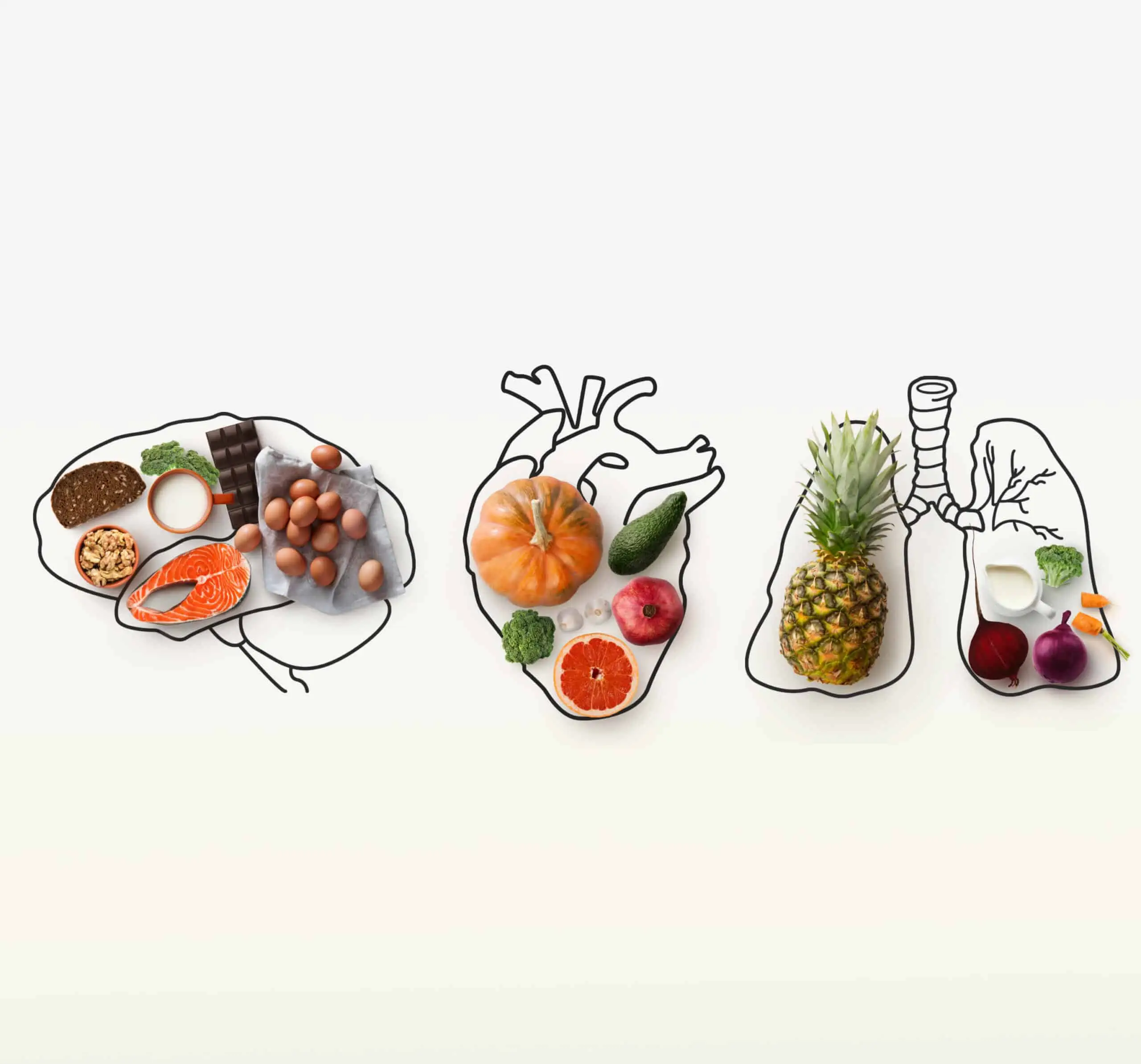 Eine Zeichnung eines Herzens, einer Lunge und verschiedener Obst- und Gemüsesorten, die ihre Verbindung zur Osteopathie Hamburg hervorheben.