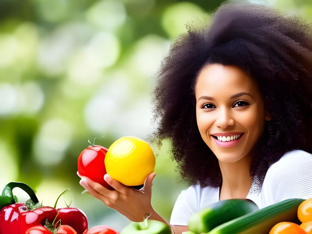 Eine Frau mit Afro-Haaren hält einen Haufen Obst und Gemüse in der Hand und wirbt für Osteopathie in Hamburg.