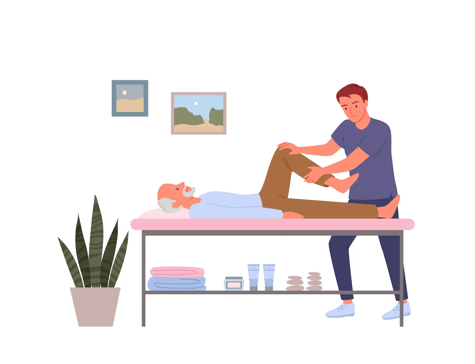 Ein Osteopath im blauen OP-Kittel behandelt einen Patienten, der auf einem Behandlungstisch in einer Klinik liegt, an deren Wand eine Pflanze und gerahmte Bilder hängen.