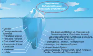 Illustration of an iceberg representing layers contributing to psychosomatic disorders, with the visible tip listing complaints and dysfunctions. Beneath the surface, it highlights genetics, lifestyle, and influences like psychosomatische osteopathie.